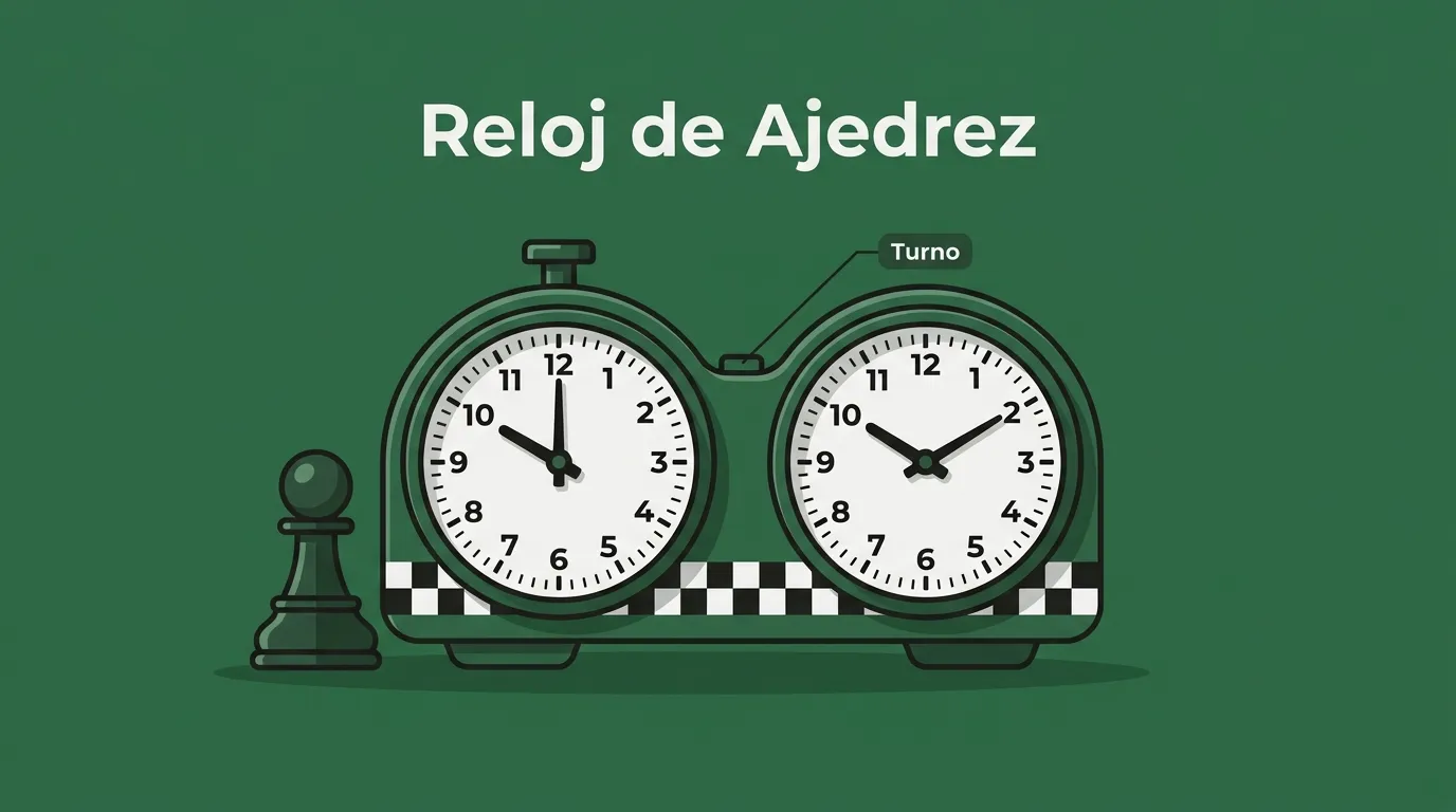 Interfaz del reloj de ajedrez online con zonas de toque para dos jugadores, presets FIDE y contador de movimientos